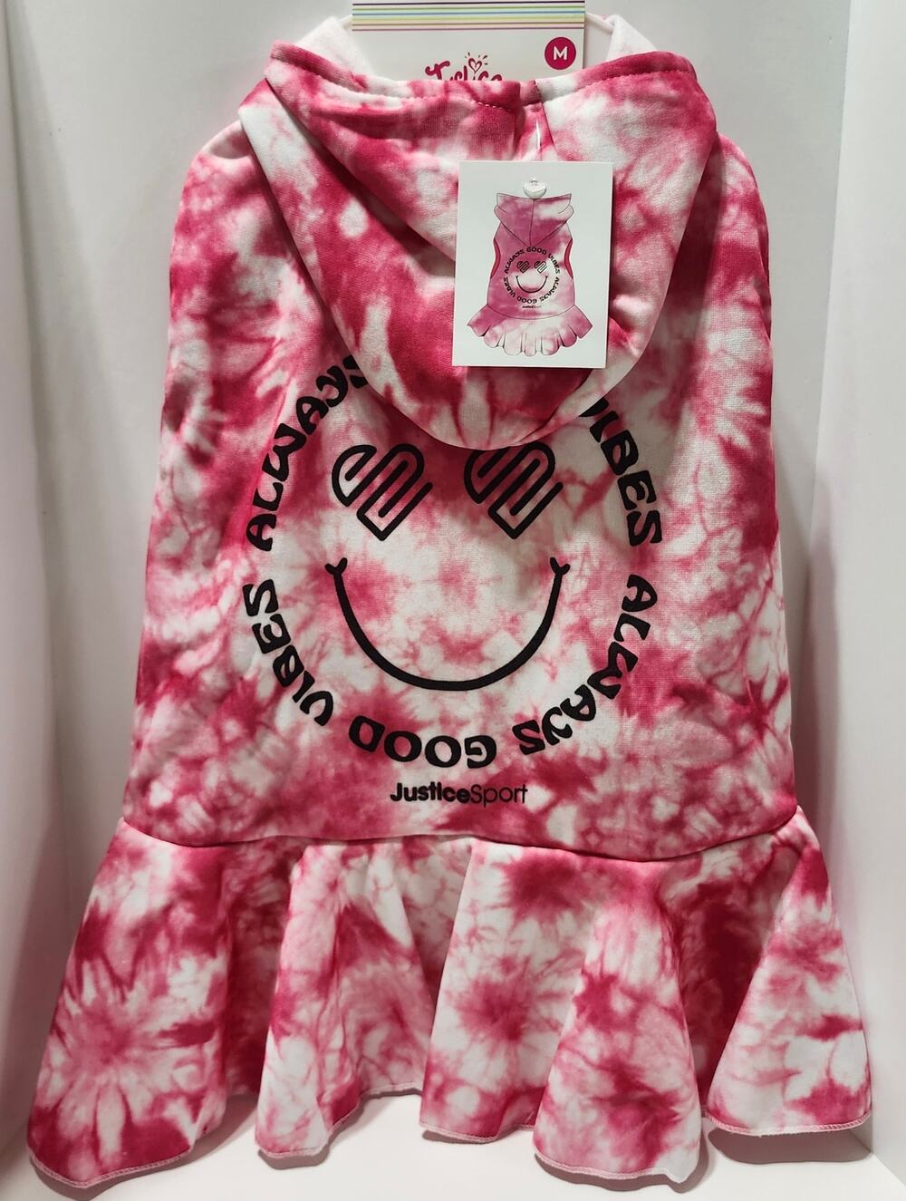 Justice Pet Hoodie Dress Size M Pink Tie Dye Smiley Ruffle NWT